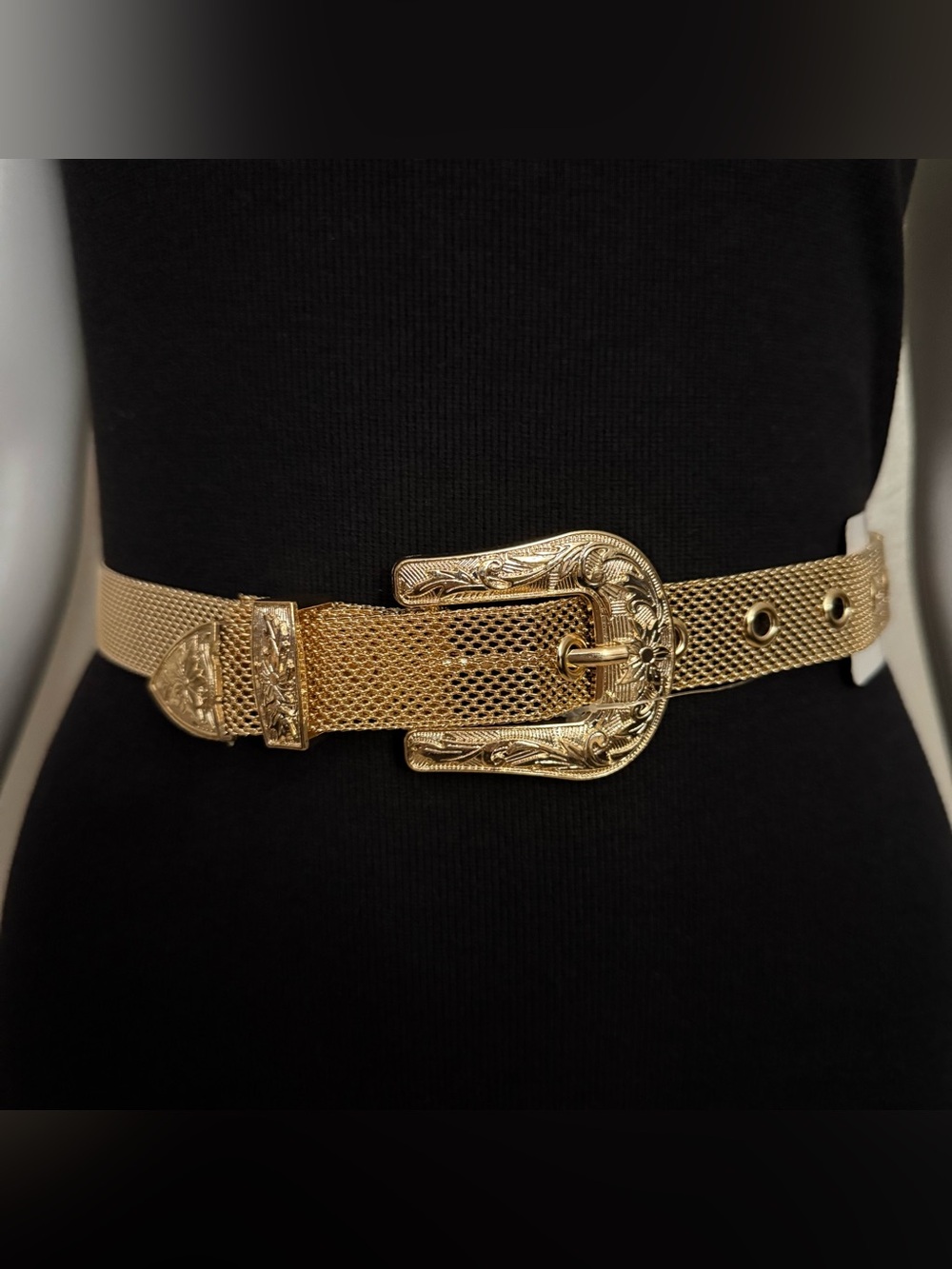Gold tone metallic mesh skinny belt